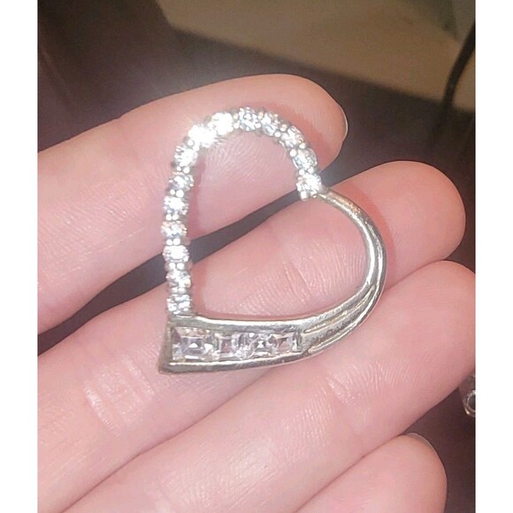 Sterling Silver Open Heart slide Pendant w Round & Baguette Diamonds signed JG - Picture 14 of 16